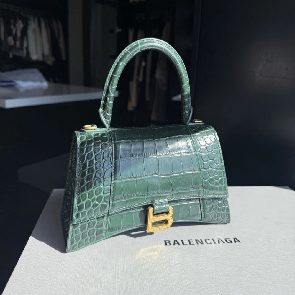 Balenciaga Hourglass Top Handle Bag Small Green Leather
